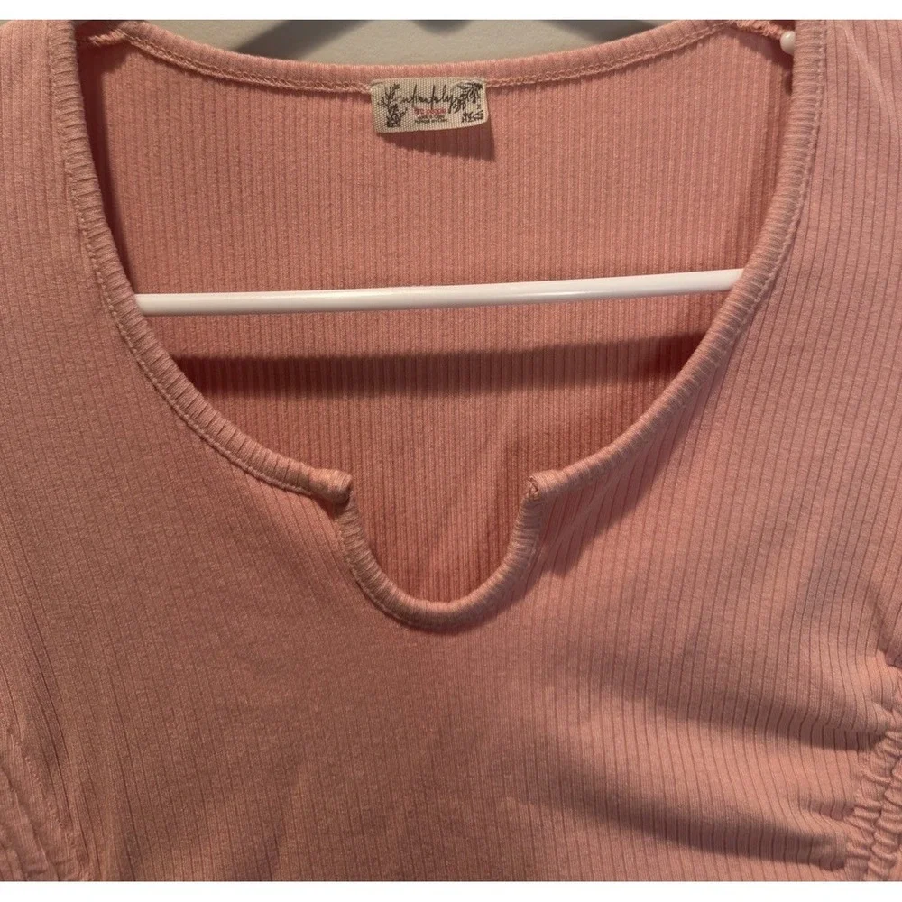 Intimately Free People Pink Top‎ Notch Ribbed Ruched Short Sleeve Tee Shirt M